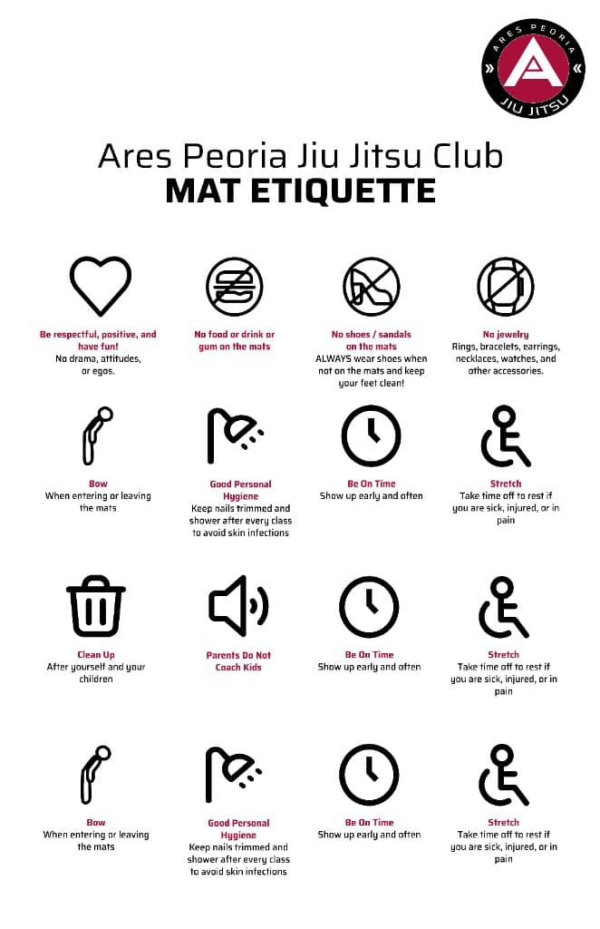 Ares Peoria Jiu Jitsu Club infographic summarizing expected mat etiquette. Text version is listed on this page.