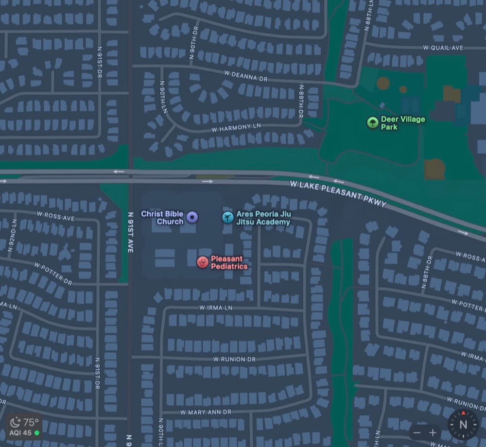 Screenshot of map directions to Ares Peoria Jiu Jitsu Academy